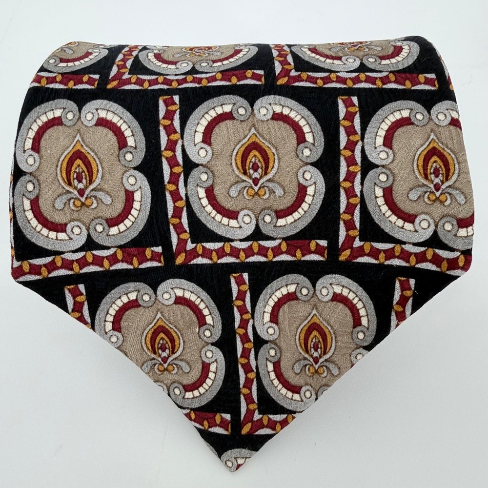 VintageMonsieur Givenchy Mens Silk Tie Geometric Medallion Black‎ Red Gold 59"